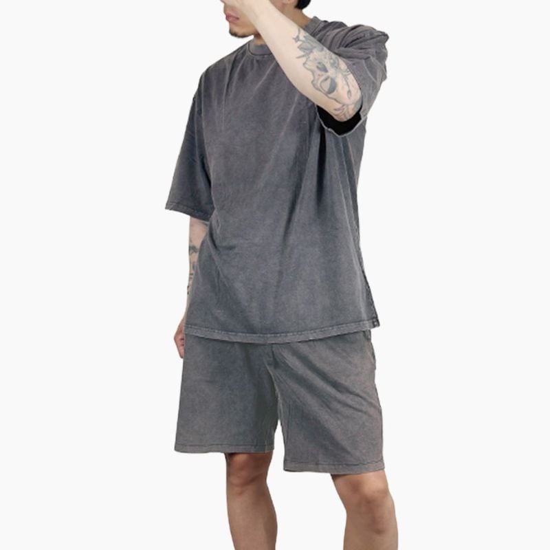 PLAIN ACID WASH "T-SHIRT + SHORTS" SET UP  - GRAY