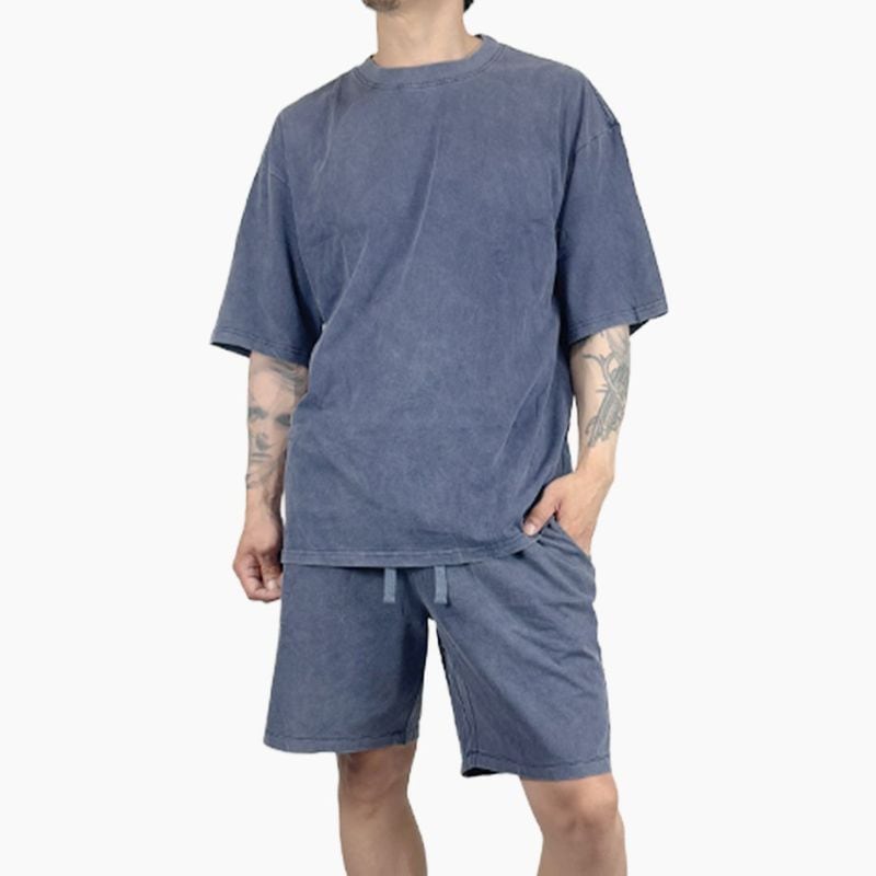 PLAIN ACID WASH "T-SHIRT + SHORTS" SET UP  - NAVY