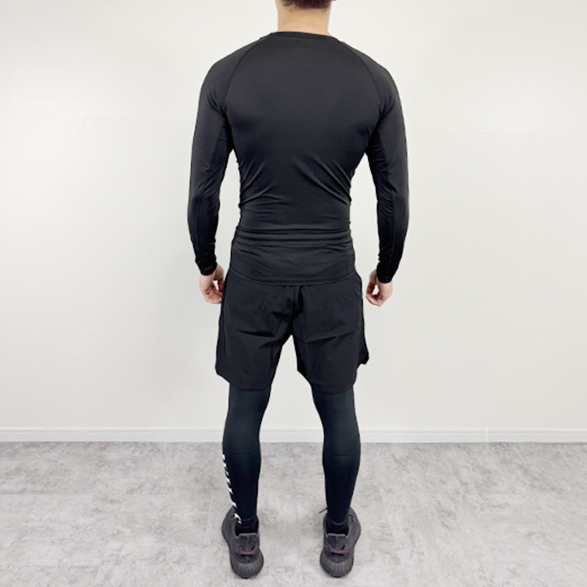 "COMPRESSION LONG SLEEVE T-SHIRT + SIDE LOGO ACTIVE LEGGING + ACTIVE UTILITY SHORTS" SET UP  - BLACK