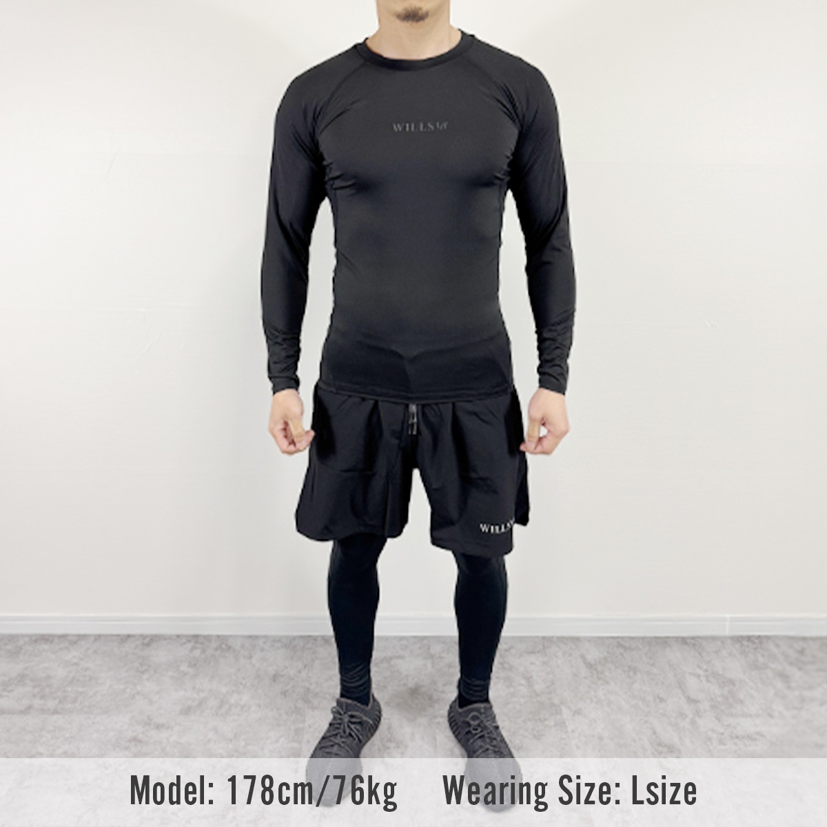 "COMPRESSION LONG SLEEVE T-SHIRT + SIDE LOGO ACTIVE LEGGING + ACTIVE UTILITY SHORTS" SET UP  - BLACK