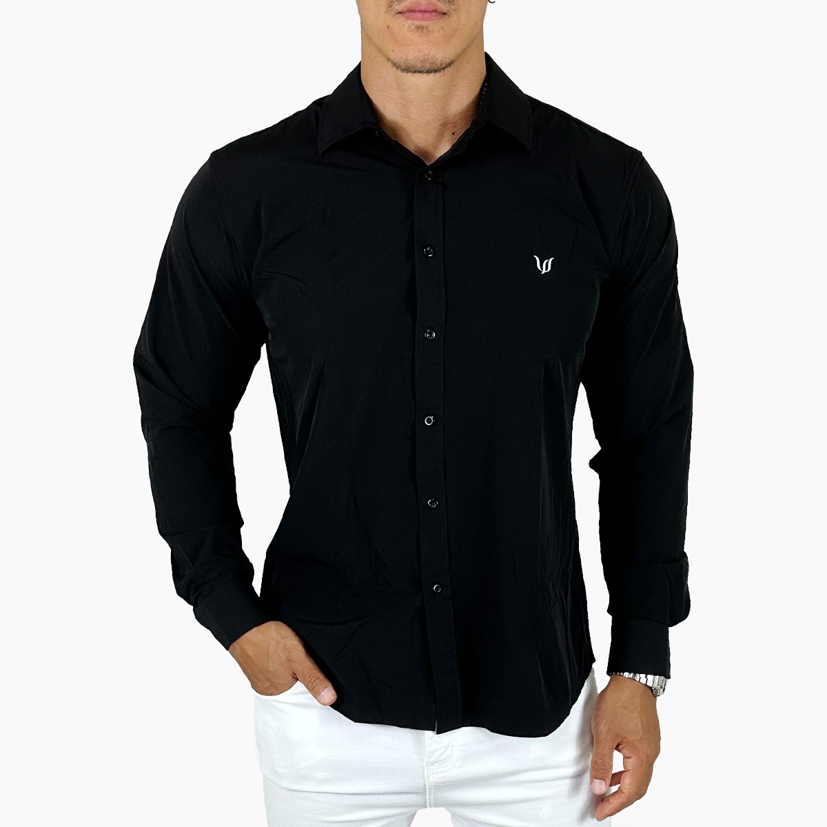 SUPER STRETCH SHIRTS - BLACK/BLACK BUTTON