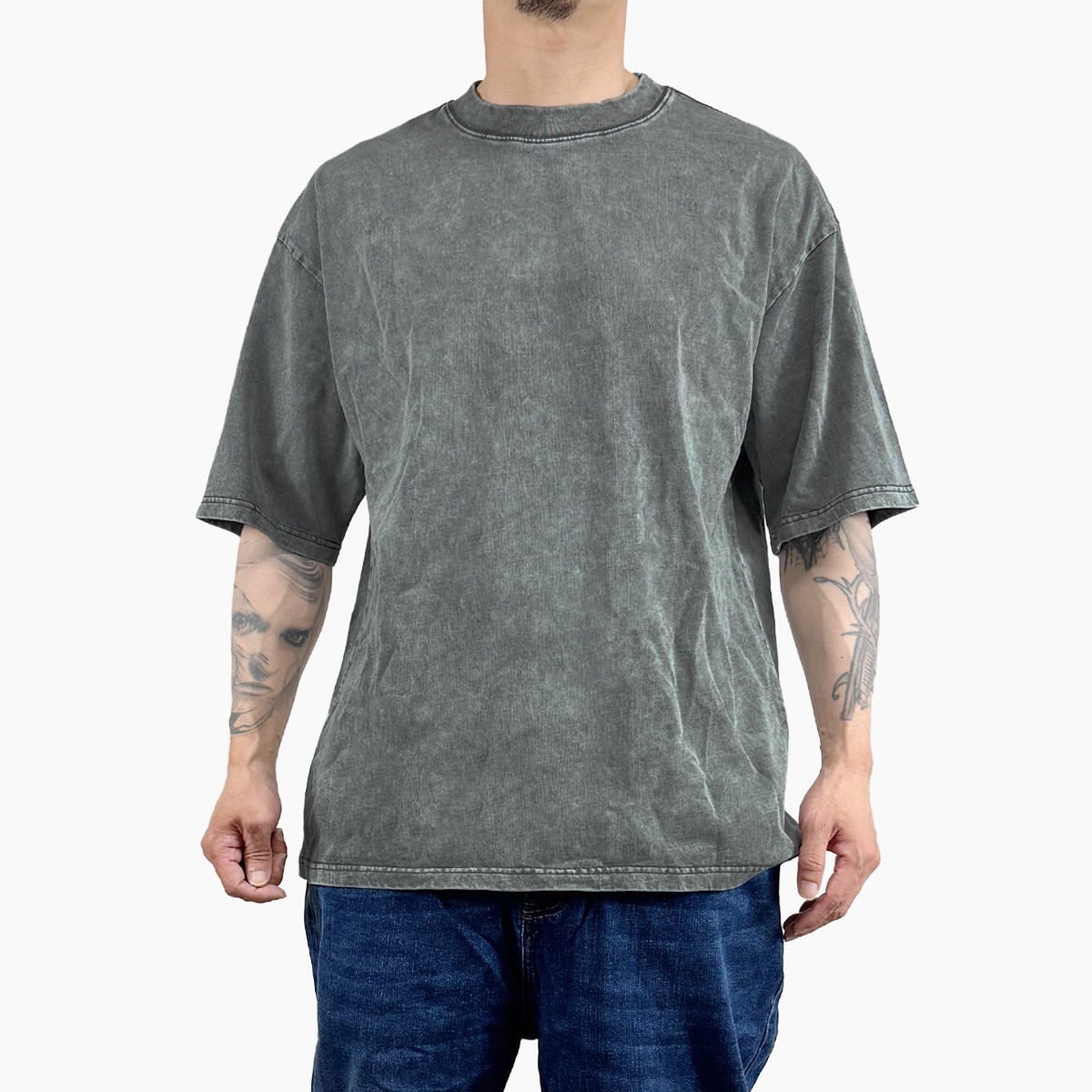 PLAIN ACID WASH OVERSIZED T-SHIRT - GRAY