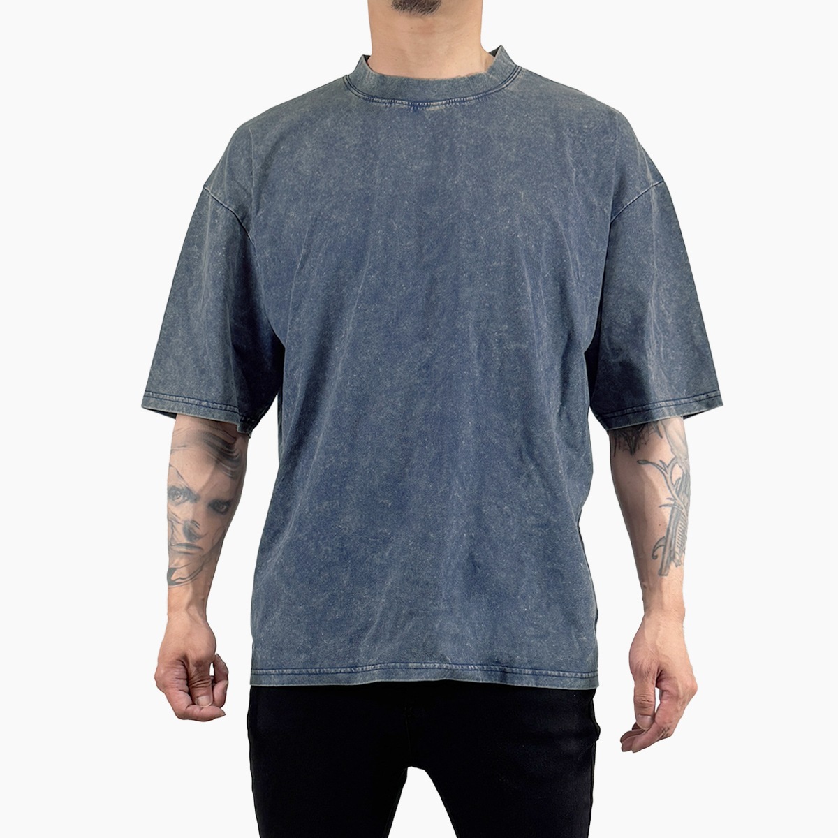 PLAIN ACID WASH OVERSIZED T-SHIRT - NAVY