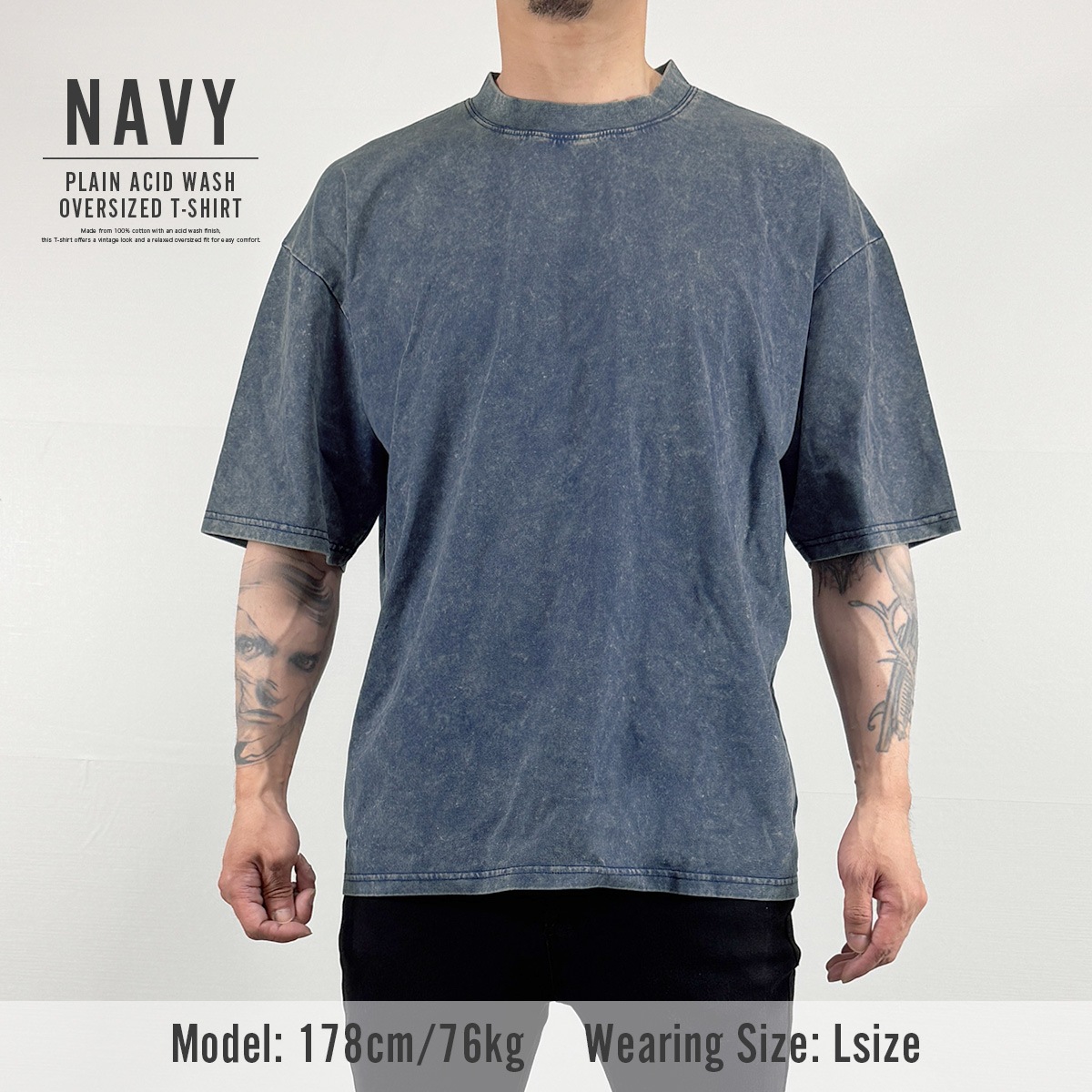PLAIN ACID WASH OVERSIZED T-SHIRT - NAVY