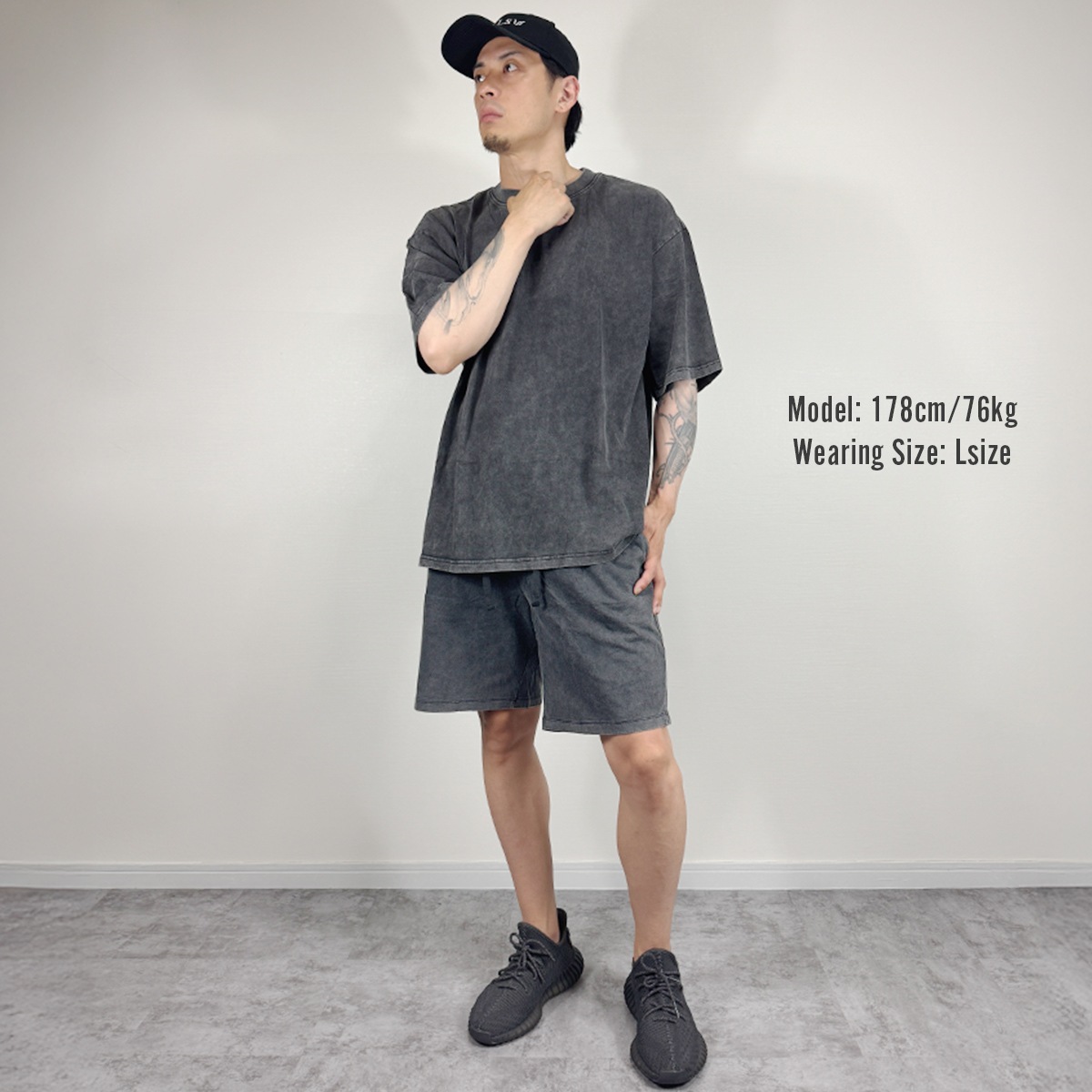 PLAIN ACID WASH "T-SHIRT + SHORTS" SET UP  - BLACK