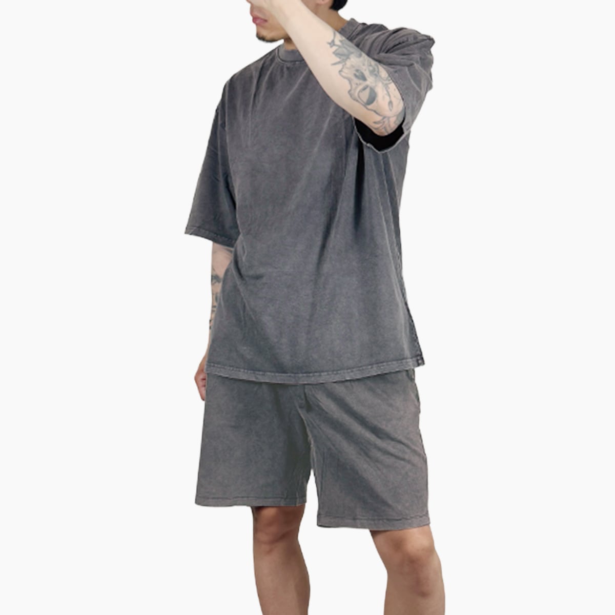 PLAIN ACID WASH "T-SHIRT + SHORTS" SET UP  - GRAY
