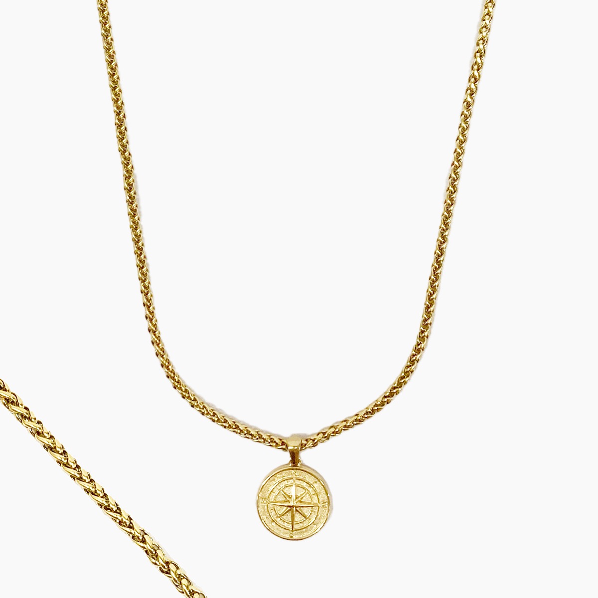 COMPASS PENDANT NECKLACE (WHEAT CHAIN) - GOLD