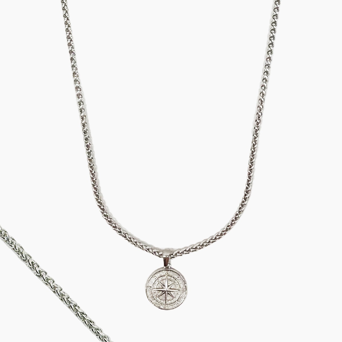 COMPASS PENDANT NECKLACE (WHEAT CHAIN) - SILVER