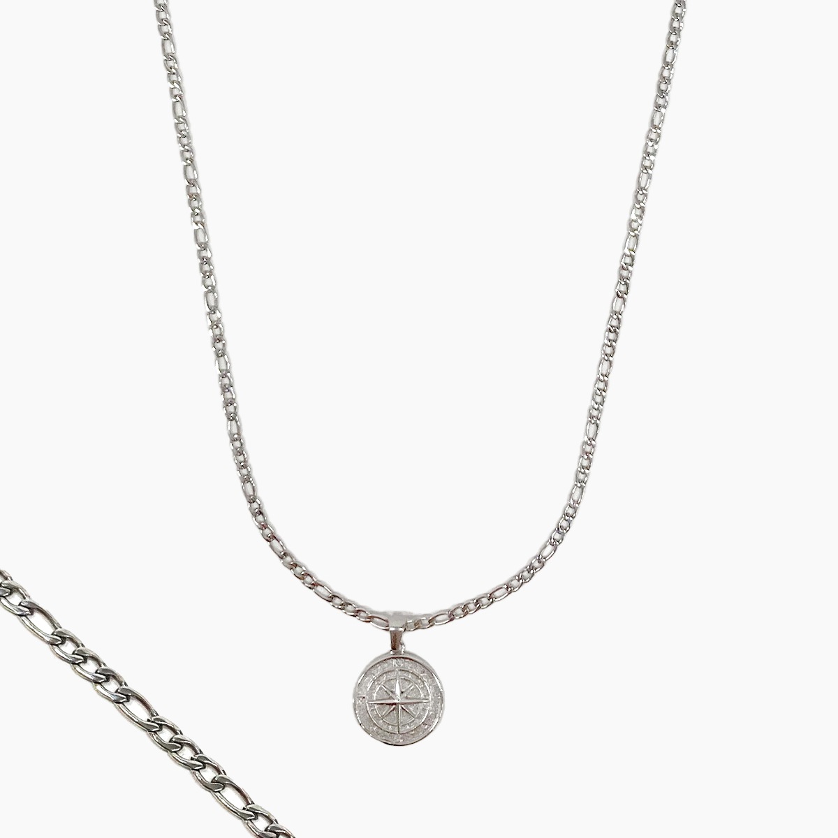 COMPASS PENDANT NECKLACE (FIGARO CHAIN) - SILVER