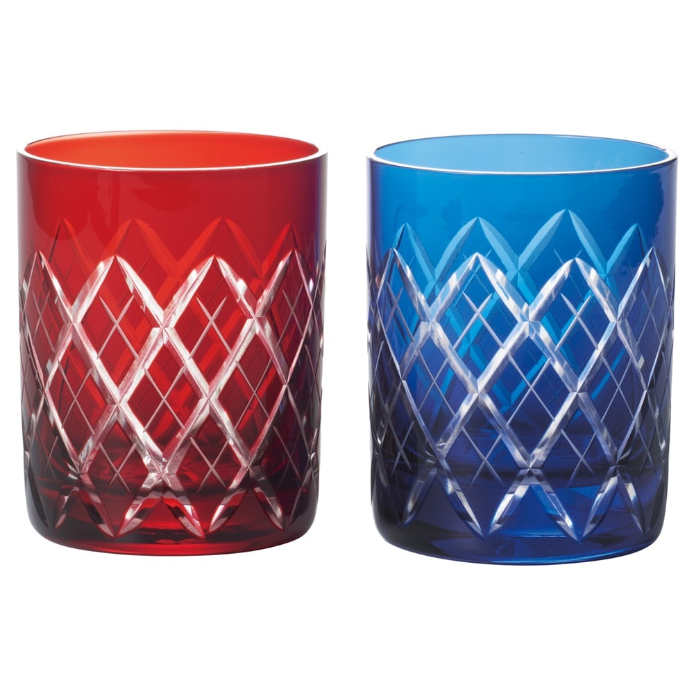 江戸切子 矢来紋 オールドグラスペア 赤･ルリ