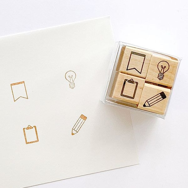 ＃手帳はんこ部４Ｐセット／旗・電球・クリップボード・鉛筆