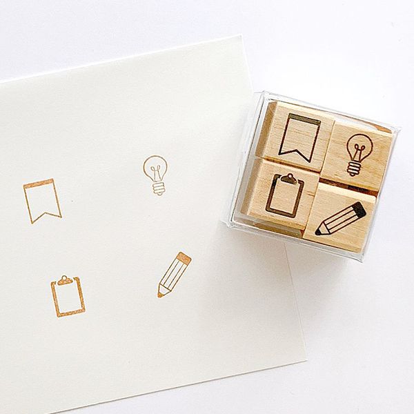 ＃手帳はんこ部４Ｐセット／旗・電球・クリップボード・鉛筆