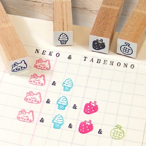 ミニスタンプセット （オリジナル巾着入）／ネコとフルーツ＆ソフト