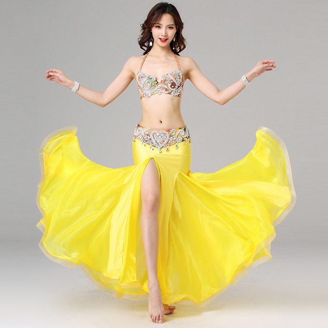 ベリーダンス 社交ダンス ラテンダンス 上下セット 黄色 豪華 舞台