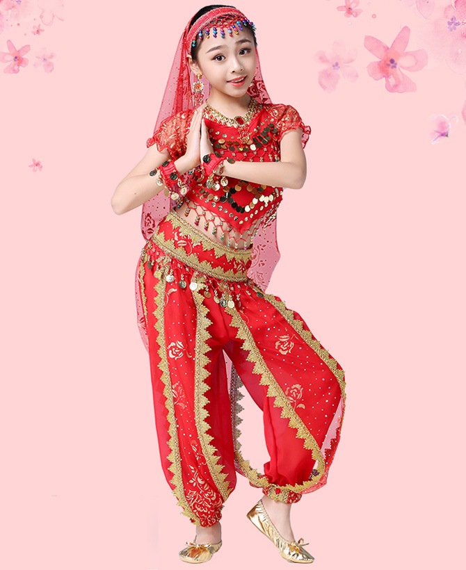 ベリーダンス衣装 インドダンス 子供 キッズ 上下セット 半袖 4色 S-XL