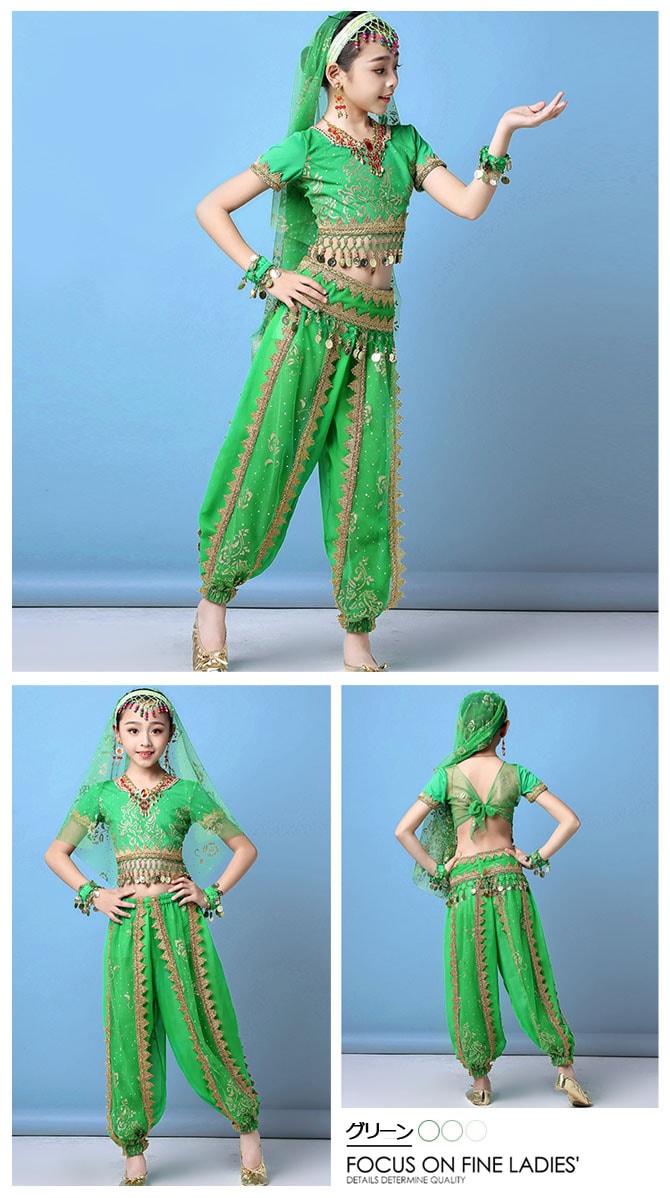 ベリーダンス衣装 インドダンス 子供 キッズ 上下セット 半袖 4色 S-XL
