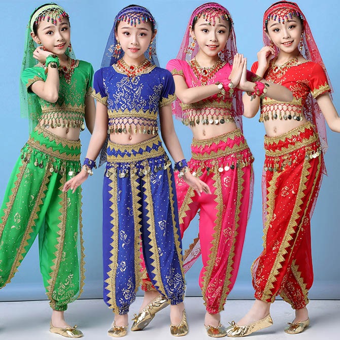 ベリーダンス衣装 インドダンス 子供 キッズ 上下セット 半袖 4色 S-XL