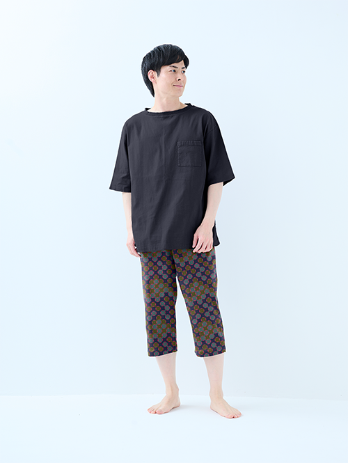 美品◎khakito ランダムテレコ　配色ステッチ　チュニック　スウェーデン軍 季節限定] さらり軽やか 高島ちぢみくつろぎギフト（Tシャツ×ステテコ