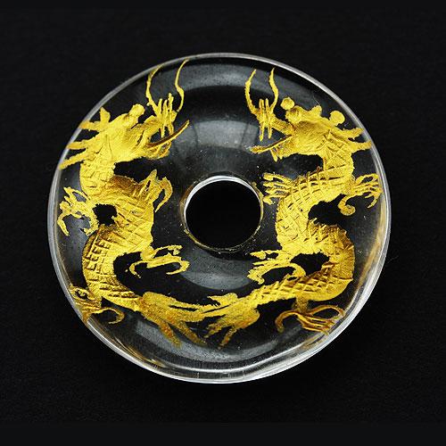 置き石】ドーナツ型(ピーディスク) 30mm 水晶彫刻 金彫り 双龍