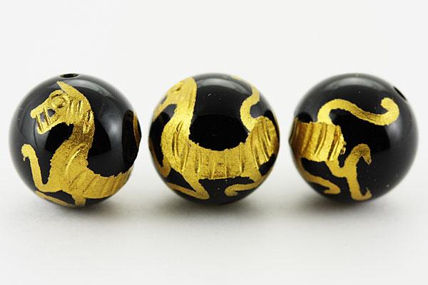 【彫刻ビーズ】オニキス 10mm (金彫り) 白虎
