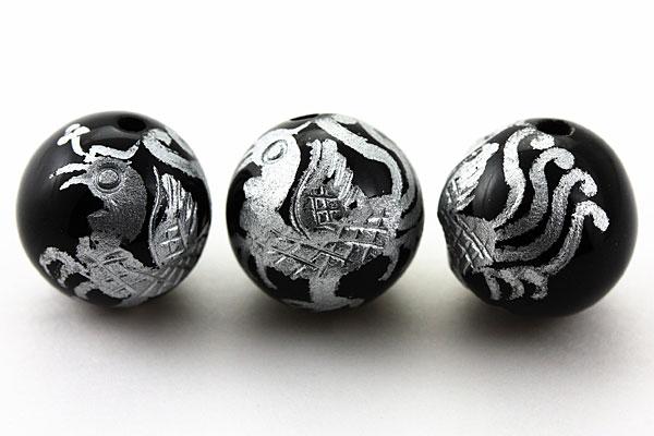 【彫刻ビーズ】オニキス 10mm (銀彫り) 朱雀