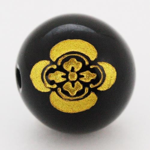 【彫刻ビーズ】オニキス 12mm (金彫り) 戦国武将「滝川一益」(横穴)