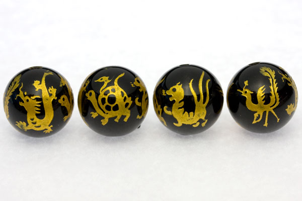 【彫刻ビーズ】オニキス 14mm (金彫り) 四神獣