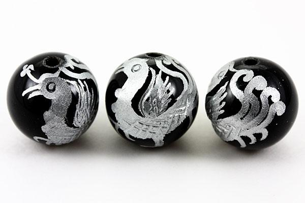 【彫刻ビーズ】オニキス 14mm (銀彫り) 朱雀