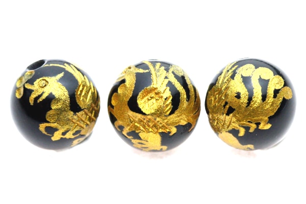 【彫刻ビーズ】オニキス 8mm (金彫り) 朱雀