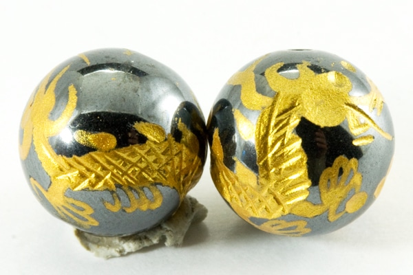 【彫刻ビーズ】ヘマタイト12mm (金彫り) 五爪龍