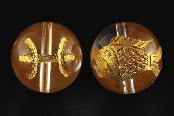 【彫刻ビーズ】水晶 12mm (金彫り) 12星座「魚座」