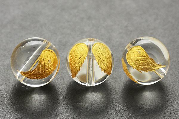 【彫刻ビーズ】水晶 12mm (金彫り) 天使の羽