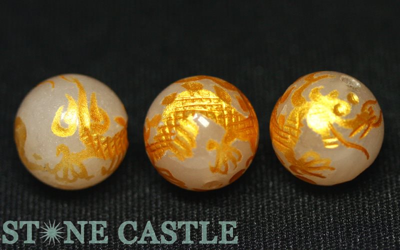 【彫刻ビーズ】ホワイトジェード 12mm (金彫り) 五爪龍