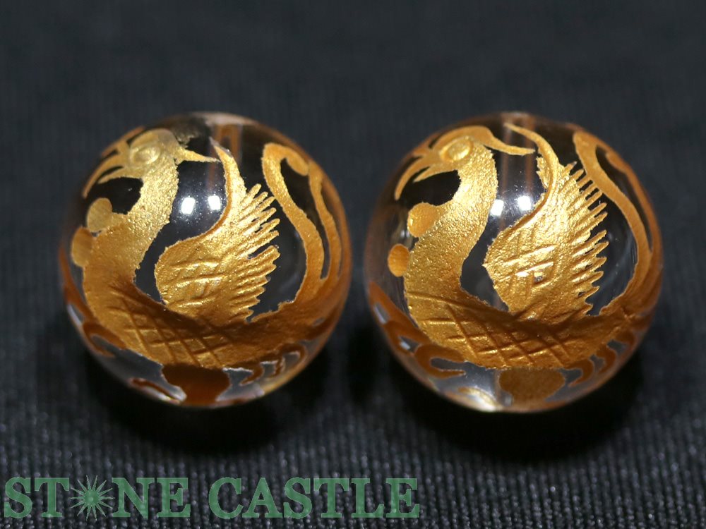 彫刻ビーズ】水晶 18mm (金彫り) 朱雀 (2粒セット) ☆特価☆ | すべて