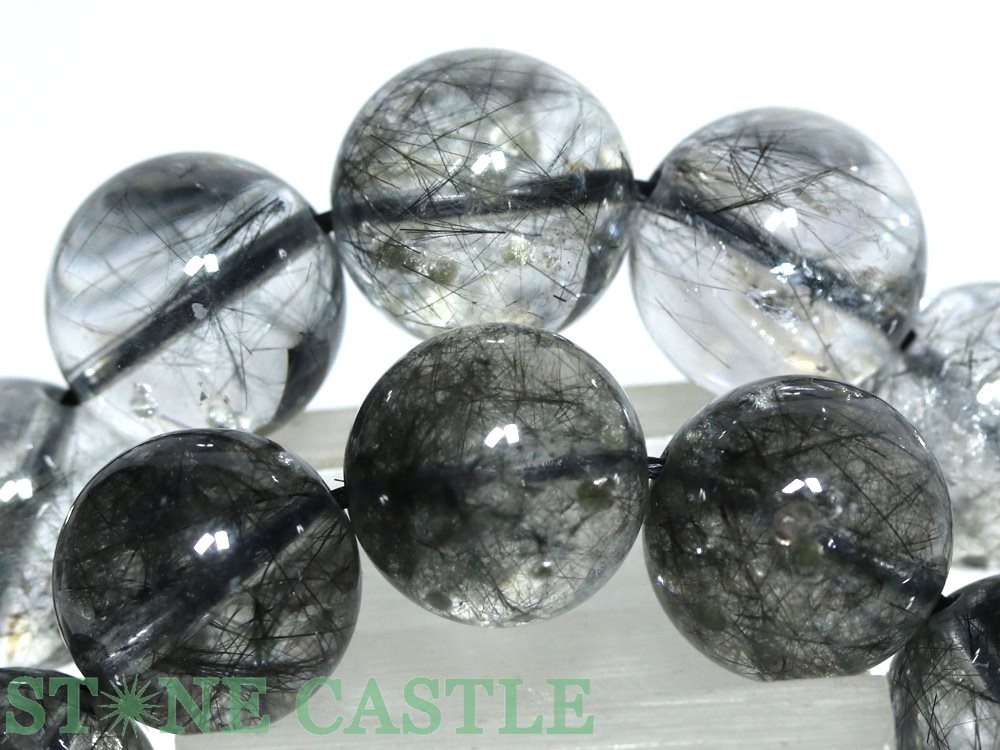 ☆高品質☆【ブレスレット】マイカ(雲母)入りブラックルチルクォーツ (5A) (約14〜14.5mm) (ケース付)