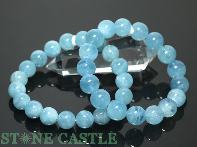 13mmアクアマリン 彫刻付ブレスレット