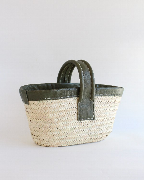 ★アンティークオリーブバスケット★ WARANGWAYAN(ワランワヤン) 革縁革手ワンハンドルバスケット S オリーブ B