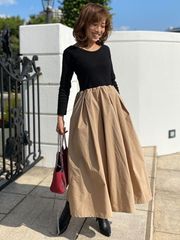長袖リブトップフレアワンピース｜前後2Way絶妙な小柄バランス｜長袖