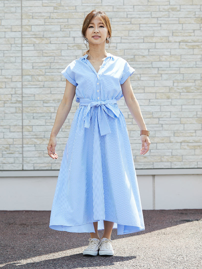 小柄エレガンス ストライプシャツワンピース【完売