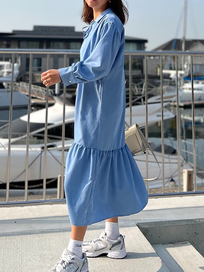 在庫限り]小柄ロング丈ワンピース ティアードスキッパーワンピース