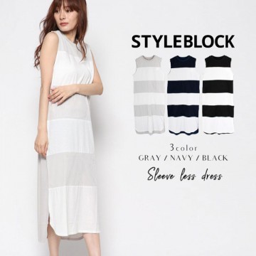 チュール切替ボーダーノースリーブワンピース|ワンピース・ドレス|レディース