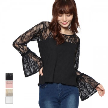 レース切替フレアスリーブトップス|トップス|レディース