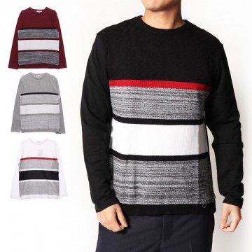 前身編み変えパネルボーダークルーネック|トップス|メンズ