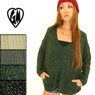 金糸入りニットVネックケーブル編み切替ビッグニットチュニック|ワンピース・ドレス|レディース