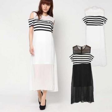 肩開きボーダーマキシ丈ワンピース|ワンピース・ドレス|レディース