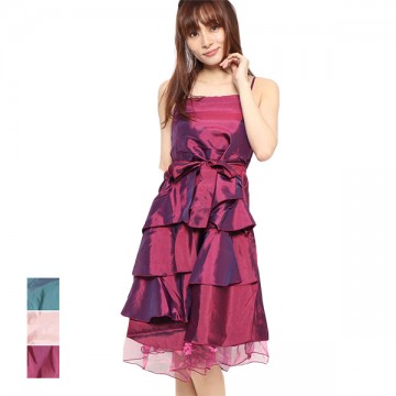 エレガントフリルプリーツティアードポリエステルミディアム丈パーティードレス|パーティードレス|レディース