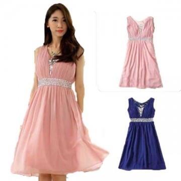 ビジュー付きシフォンノースリーブパーティードレス|パーティードレス|レディース