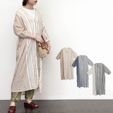 先染めシャーリングマルチストライプスキッパーワンピース|ワンピース・ドレス|レディース