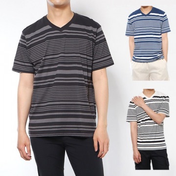 先染めランダムボーダーVネック半袖Tシャツ|トップス|メンズ