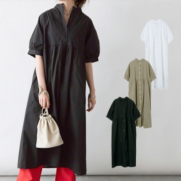 バンドカラーウエスト切替ギャザーワンピース|ワンピース・ドレス|レディース